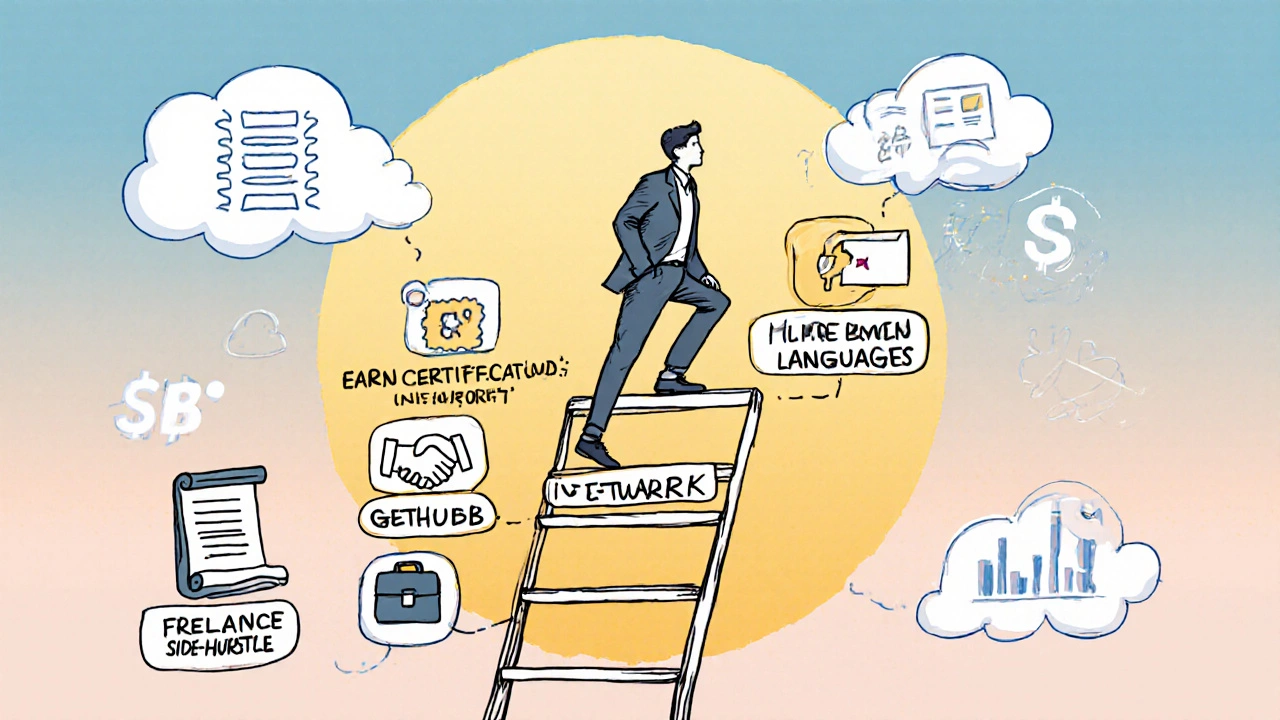 Career ladder illustration showing steps like certifications and networking.