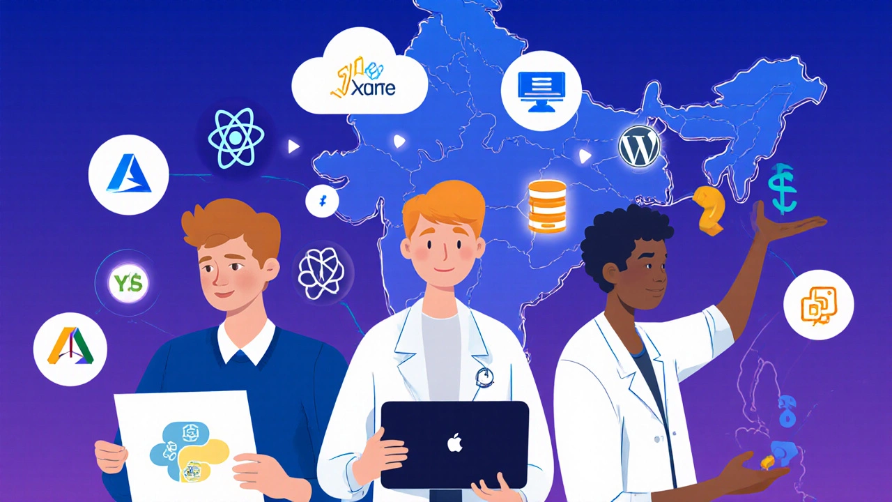 Collage of five tech roles with code icons and an Indian city map backdrop.