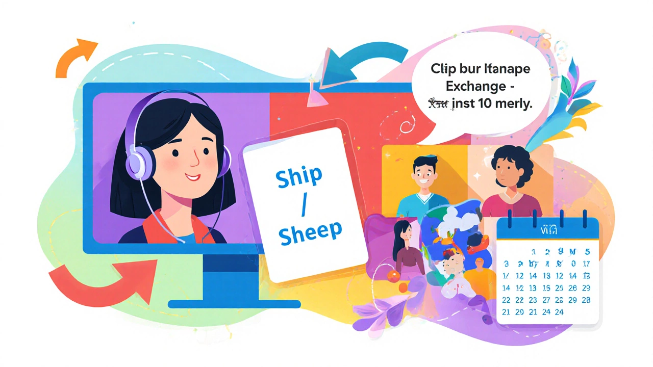 Collage of language‑learning activities like shadowing, flashcards, and video chat.