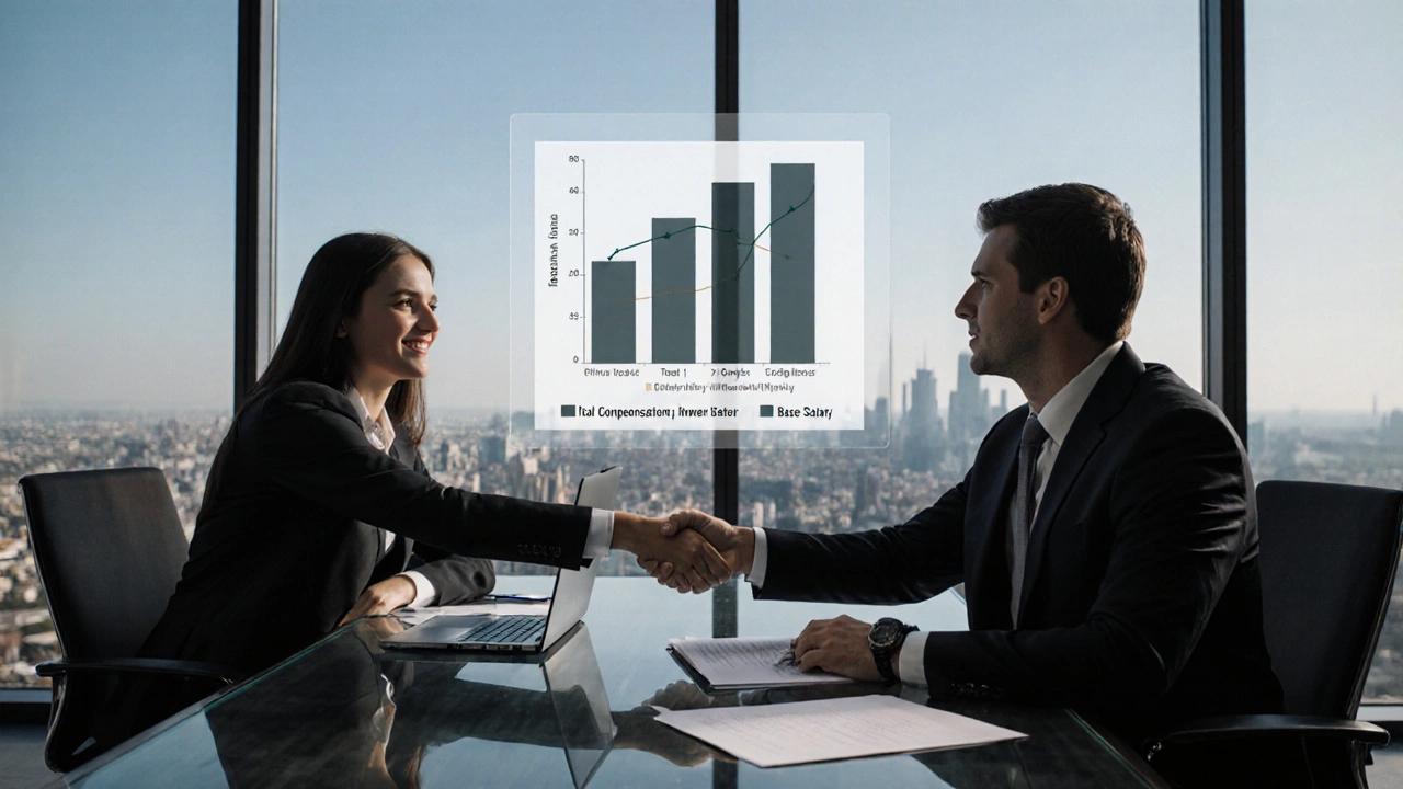 Corporate meeting where MBA graduate and manager shake hands over a floating compensation chart.