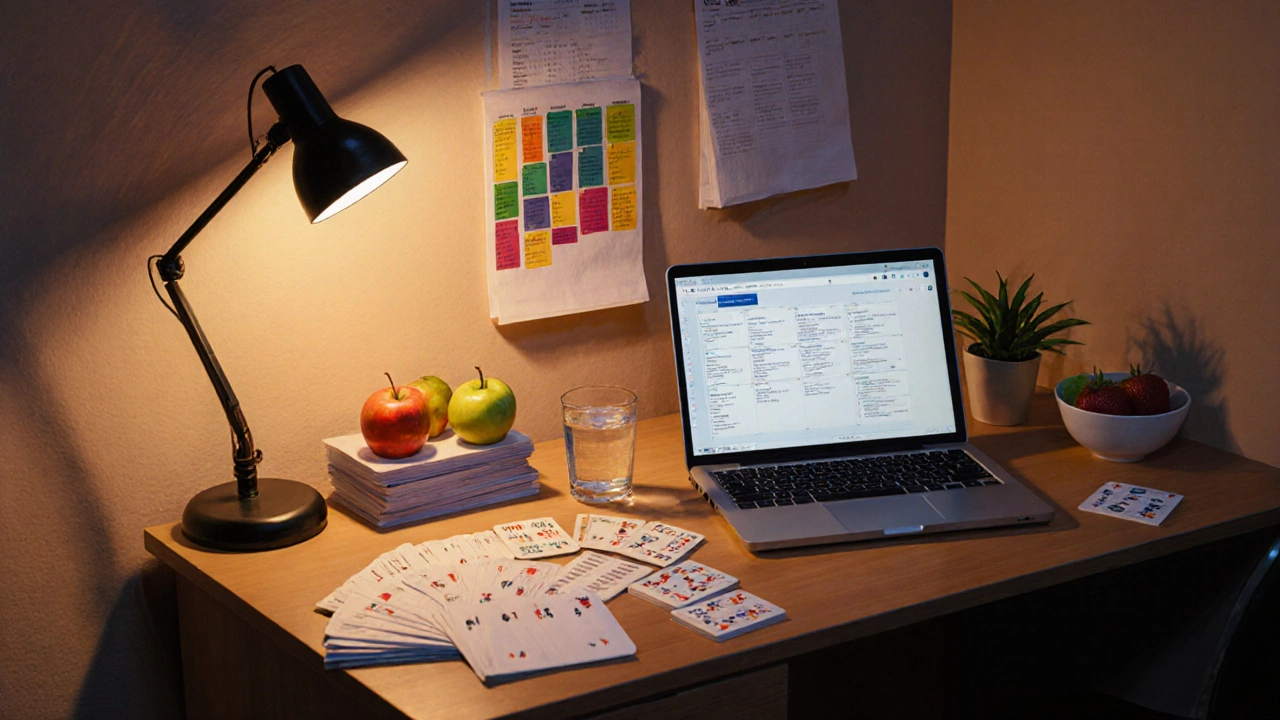Cozy study desk with calendar, past papers, flashcards, and soft lighting.