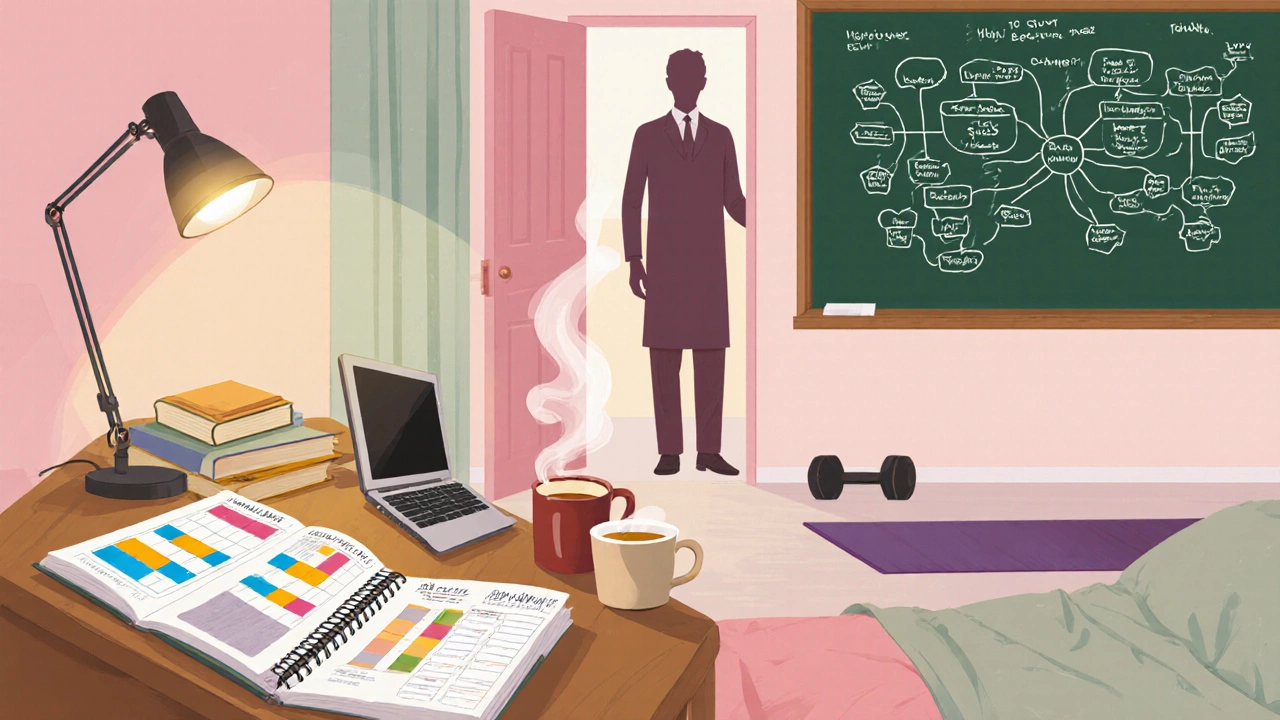 Cozy study room with planner, textbooks, laptop, yoga mat, and a mentor figure encouraging the student.
