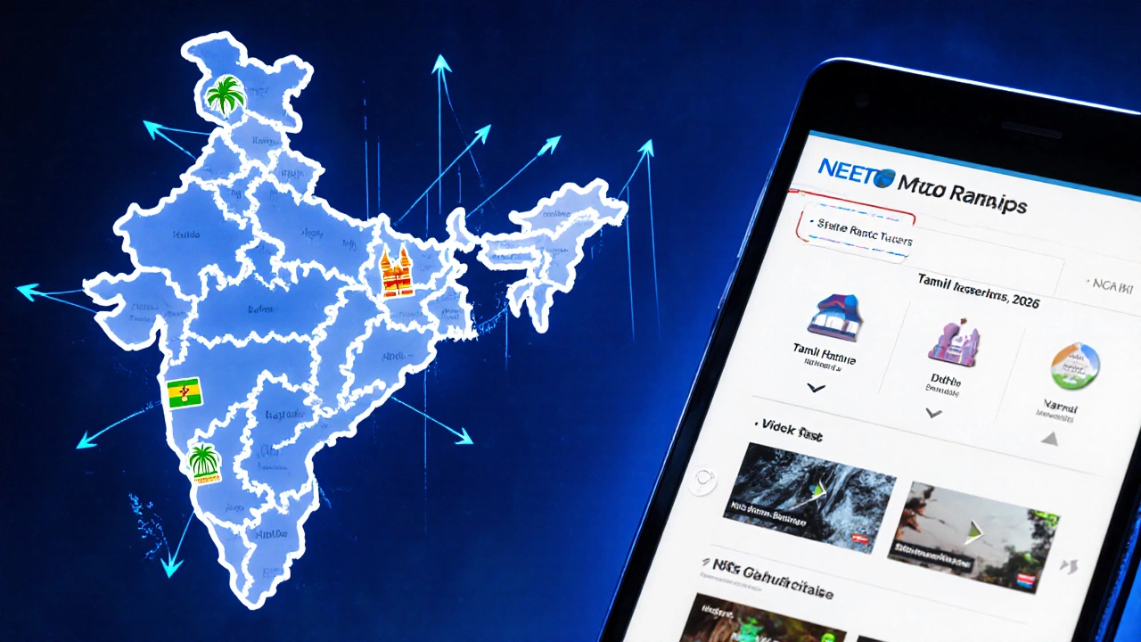 Digital art of shifting NEET rankings with state icons and an online test portal.