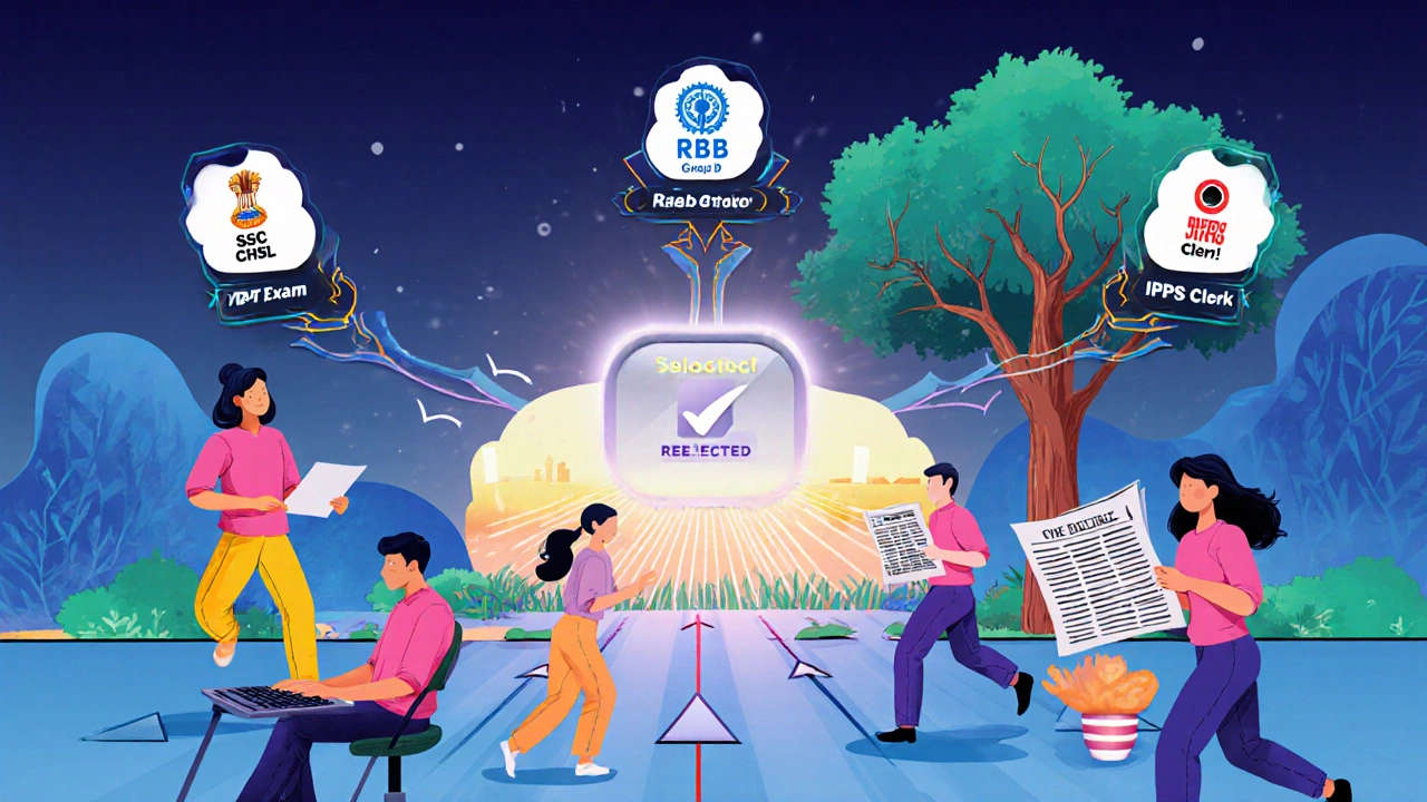 Diverse Indian candidates preparing for government exams with icons of SSC, RRB, and IBPS above them.