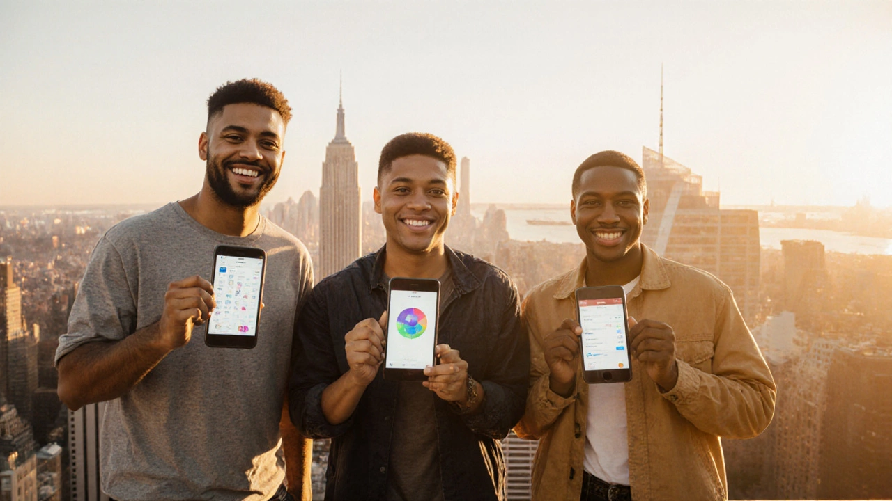 Diverse individuals holding apps they built, smiling in front of a city skyline at sunset.