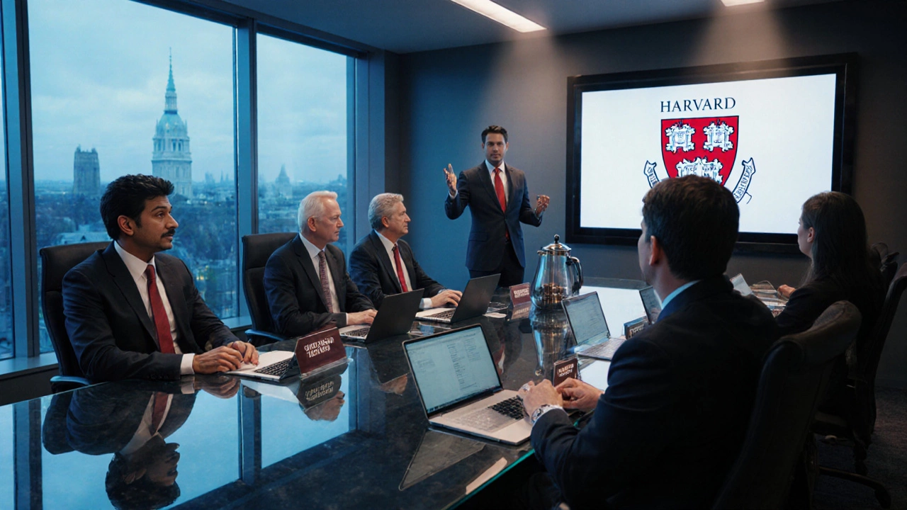 Executive education class with senior professionals listening to a professor in a modern Harvard conference room.