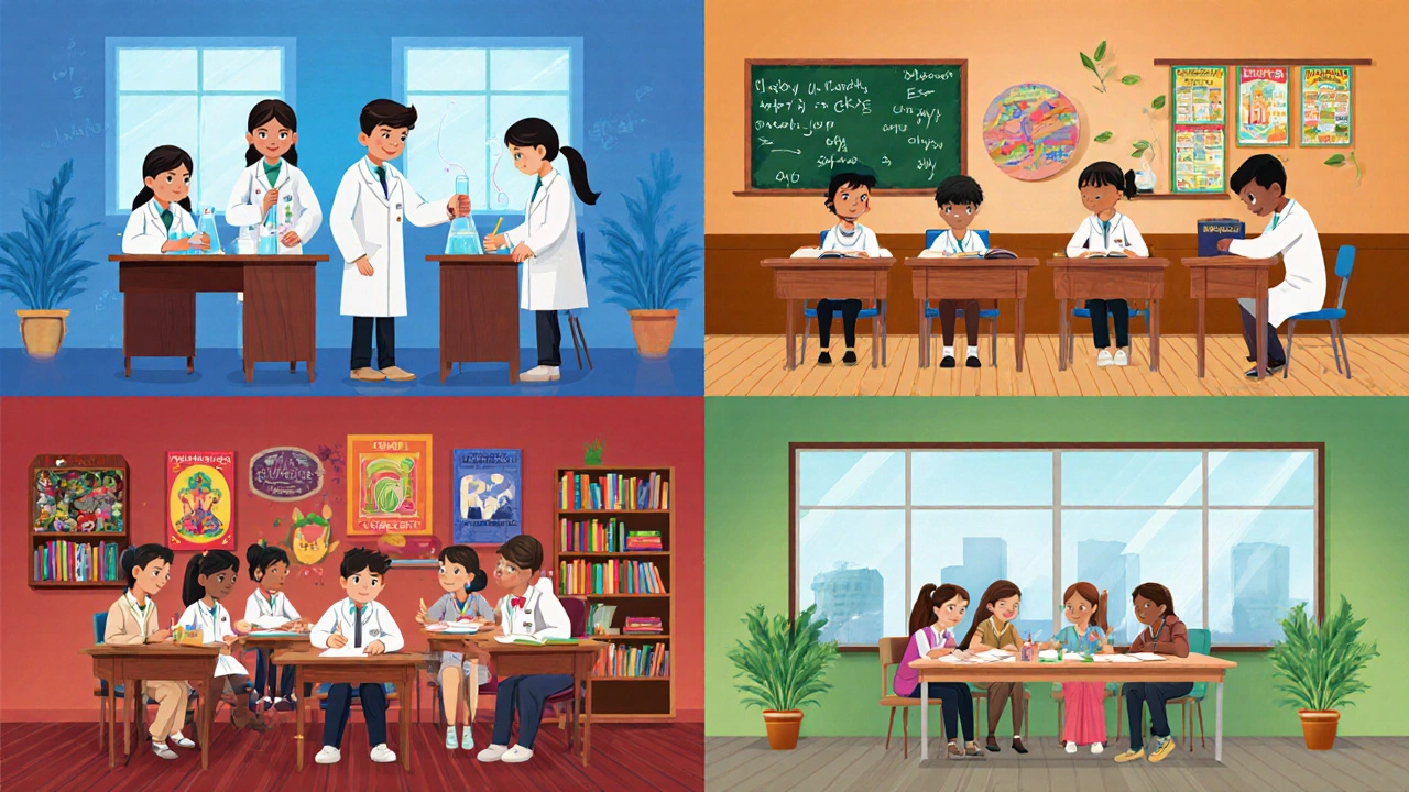 Four classroom scenes showing distinct learning styles of major school boards.
