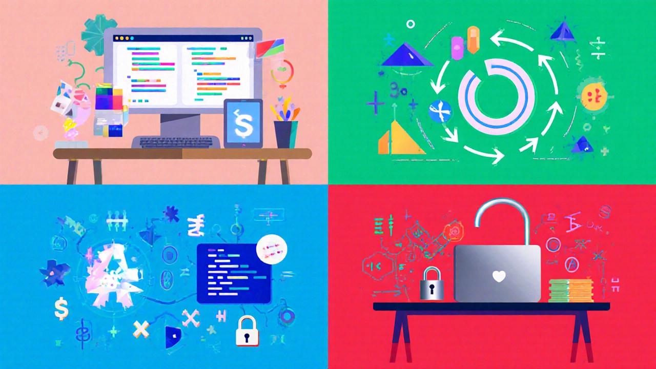 Four mini‑scenes showing web, game, data science, and cryptography coding contexts.