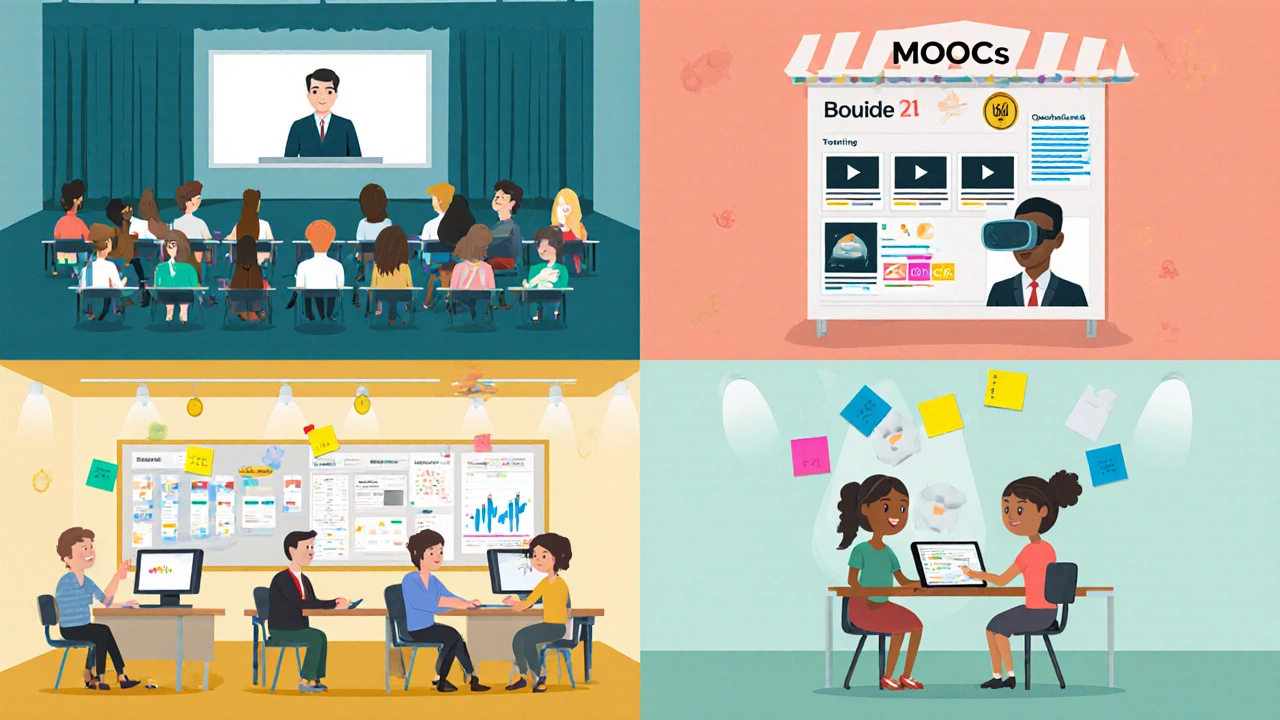 Four‑panel collage showing a virtual lecture hall, digital marketplace, corporate training room, and K‑12 classroom.