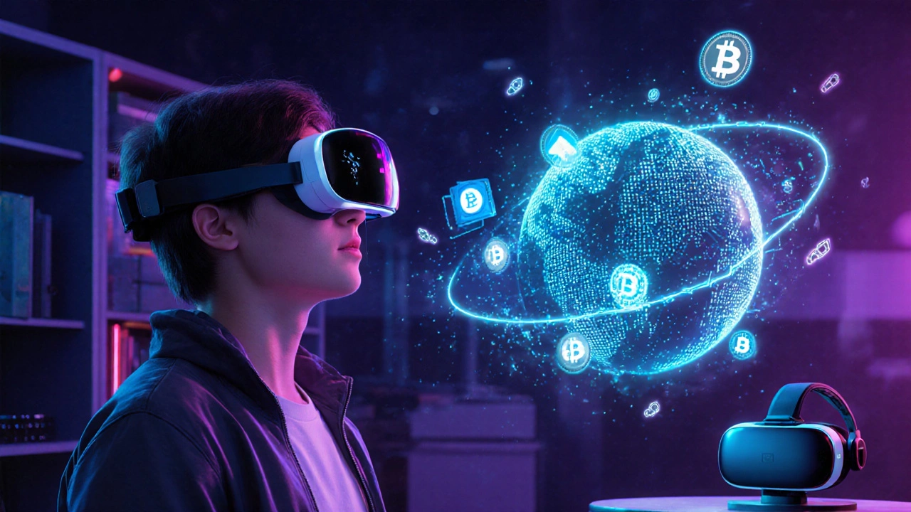 Futuristic AR/VR learning scene with AI hologram and blockchain credential symbols.