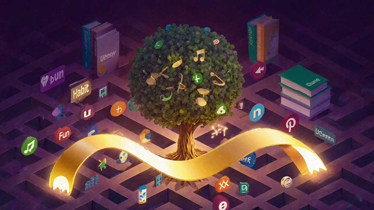 Golden streak ribbon leading to a tree symbolizing habit-based learning.