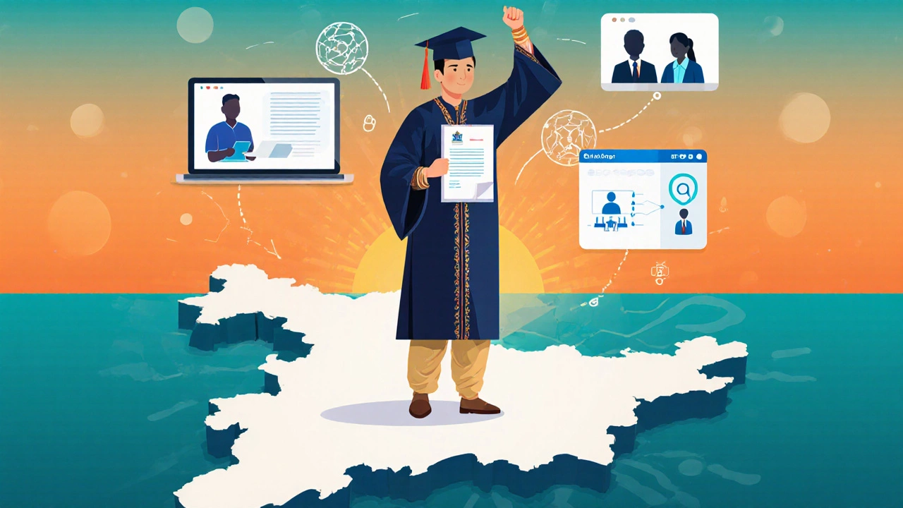 Graduate holding a government appointment letter with hybrid learning symbols in the background.