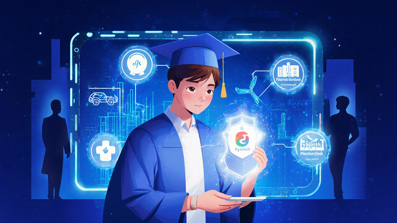 Graduate receiving a holographic micro‑credential badge with AI course suggestions.