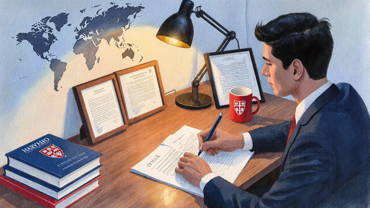 Home office at dusk with a 35‑year‑old applicant writing essays beside GMAT books and recommendation letters.