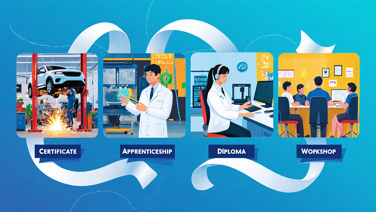 Illustrated collage of automotive, medical lab, IT support, and workshop vocational settings.