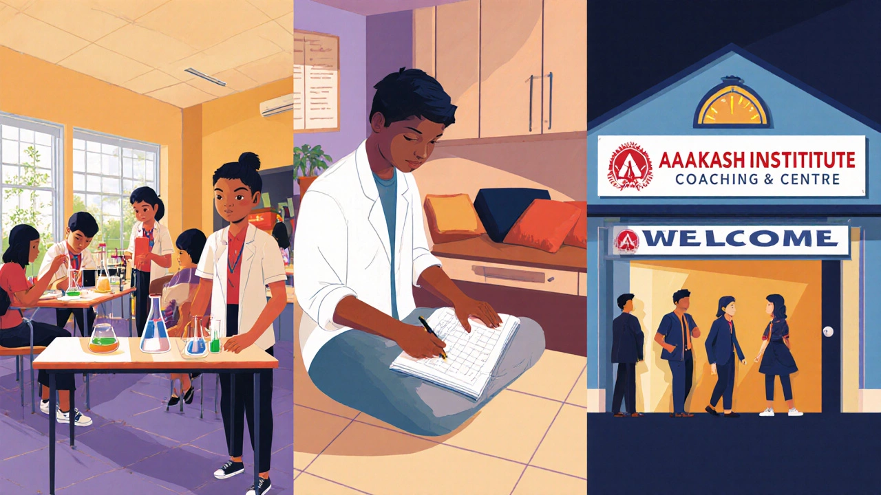 Illustration of Kerala's lab, early study at home, and Aakash coaching centre.