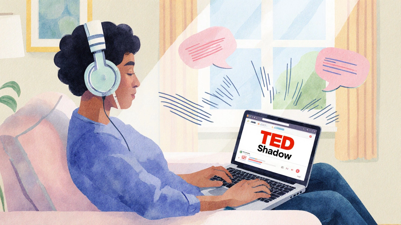 Individual shadowing a video with headphones on a couch in a bright living room.
