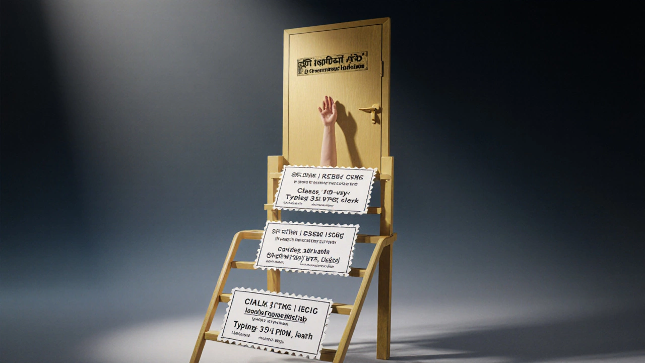 Ladder made of exam notifications leading to a golden door labeled 'Permanent Job'.