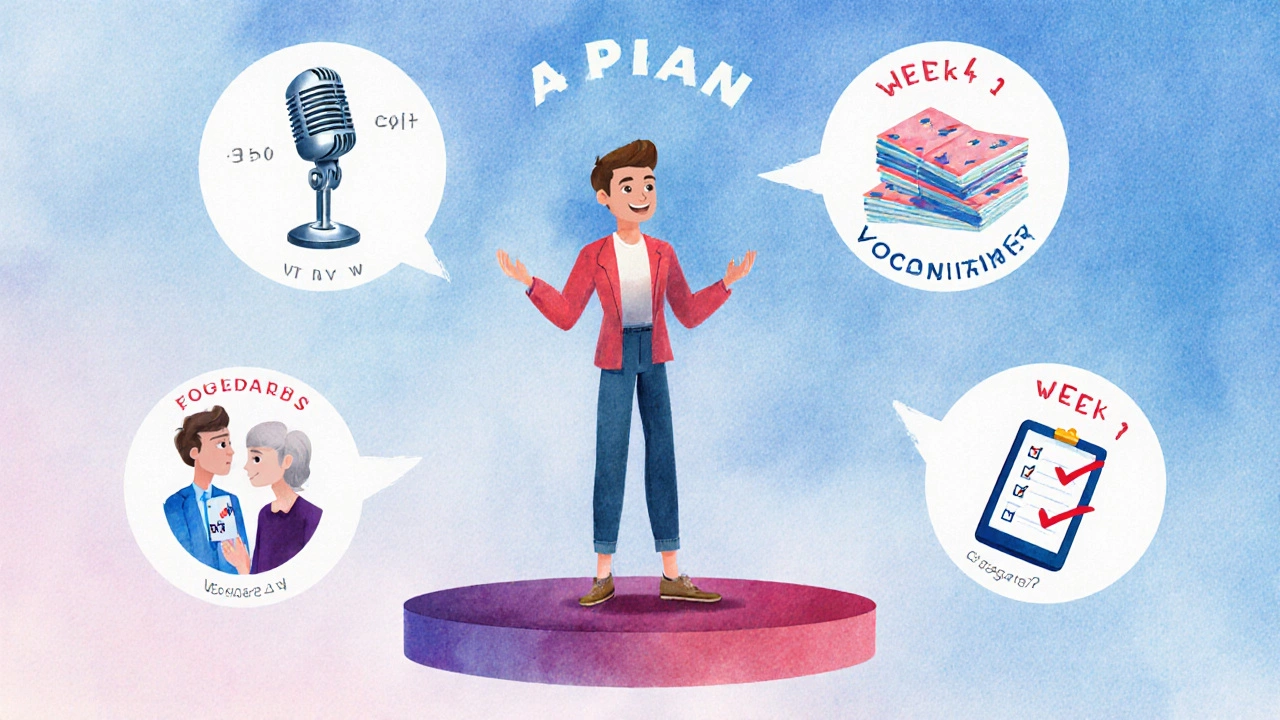 Learner confidently speaking on stage with icons for a 4‑week plan.