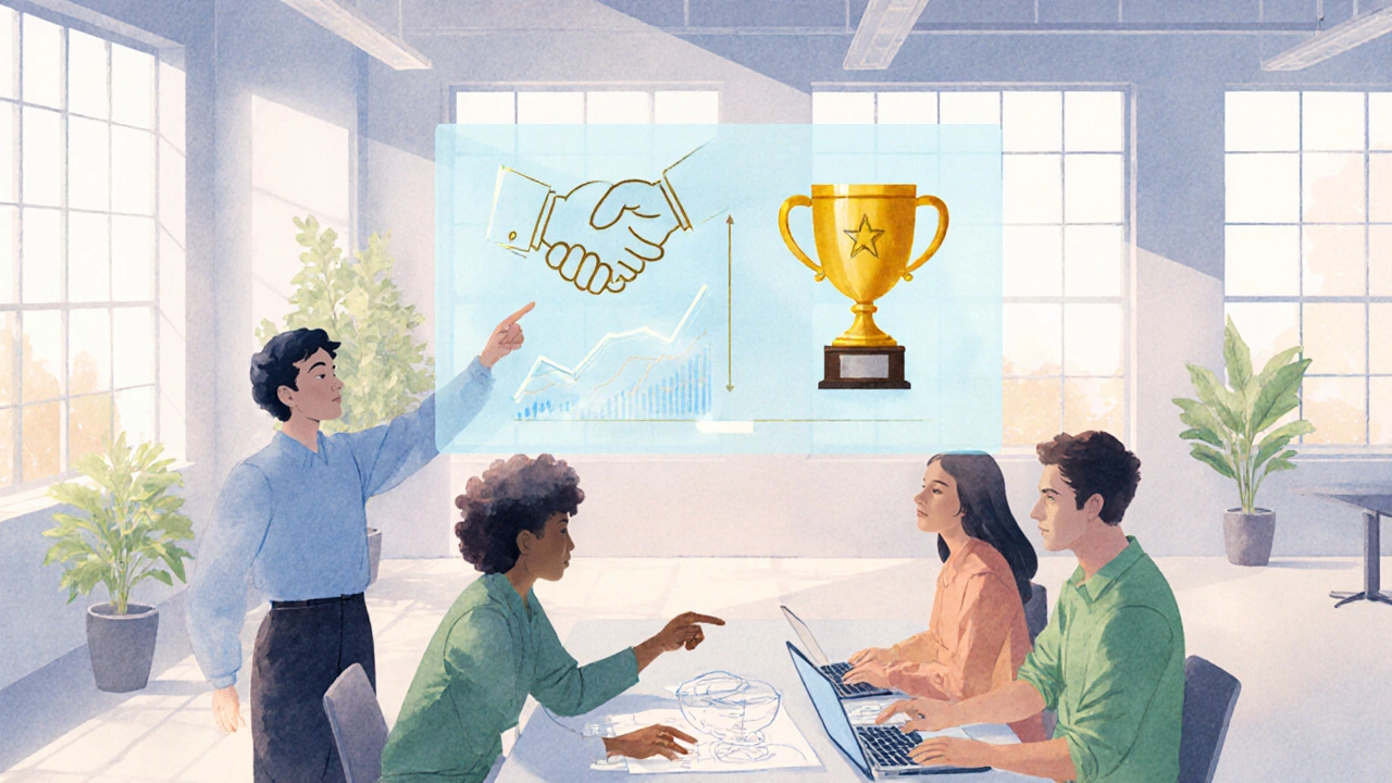 Office scene blending competition leaderboard with cooperative teamwork.