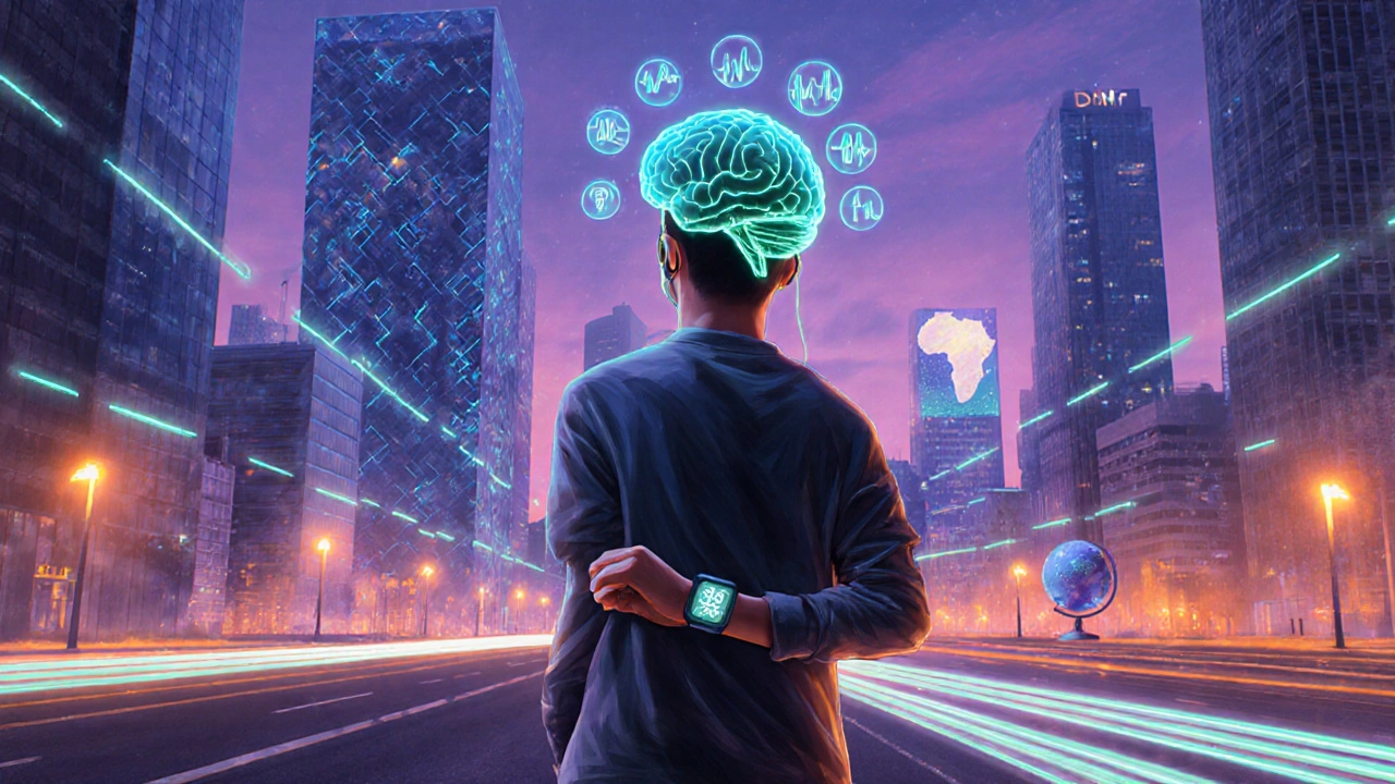 Person walking at dusk with earbuds, surrounded by floating synapse icons.