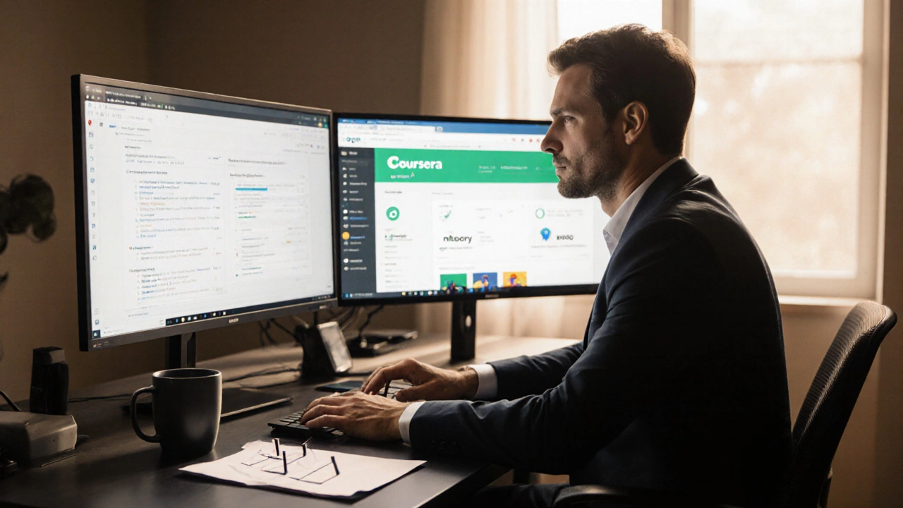 Professional at a desk choosing between three e‑learning platform dashboards, with a checklist and coffee mug.