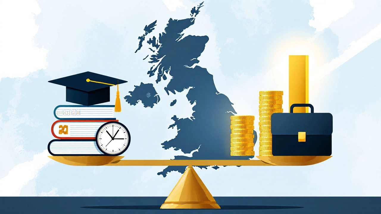 Scale balancing MBA costs on left against future earnings on right, over UK map.