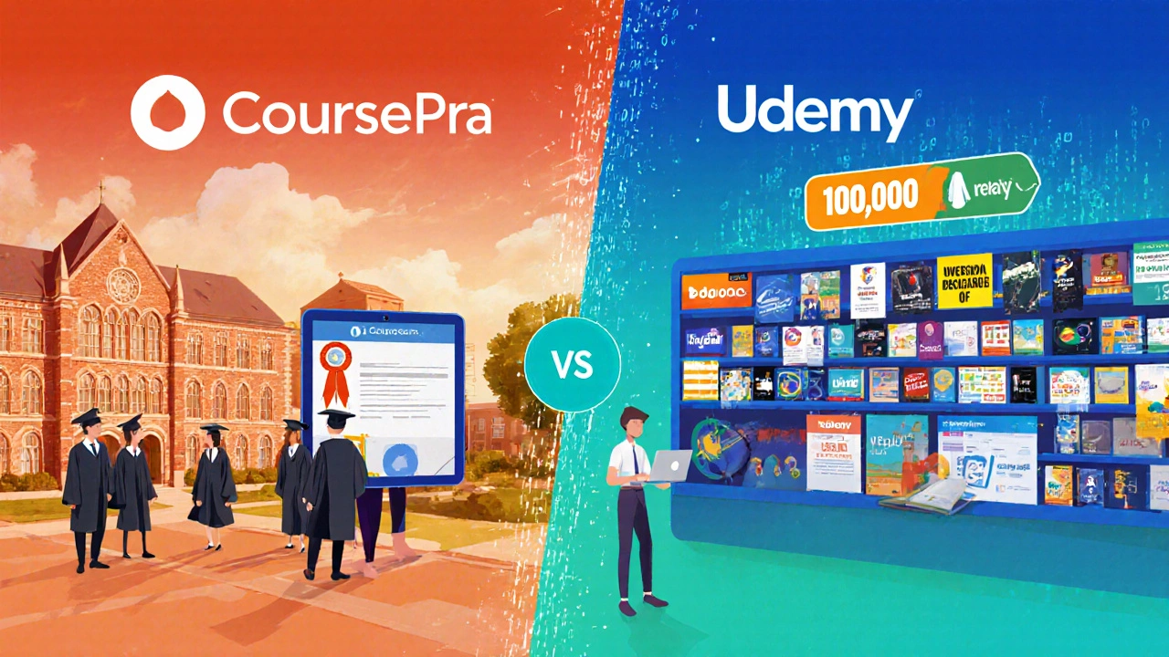Split illustration contrasting Coursera's campus setting with Udemy's colorful marketplace.