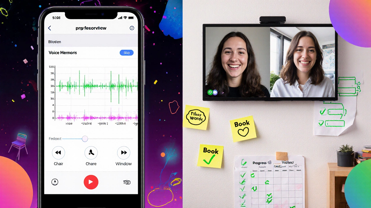 Split-screen of voice memo playback and language‑exchange video call with English labels on home items.