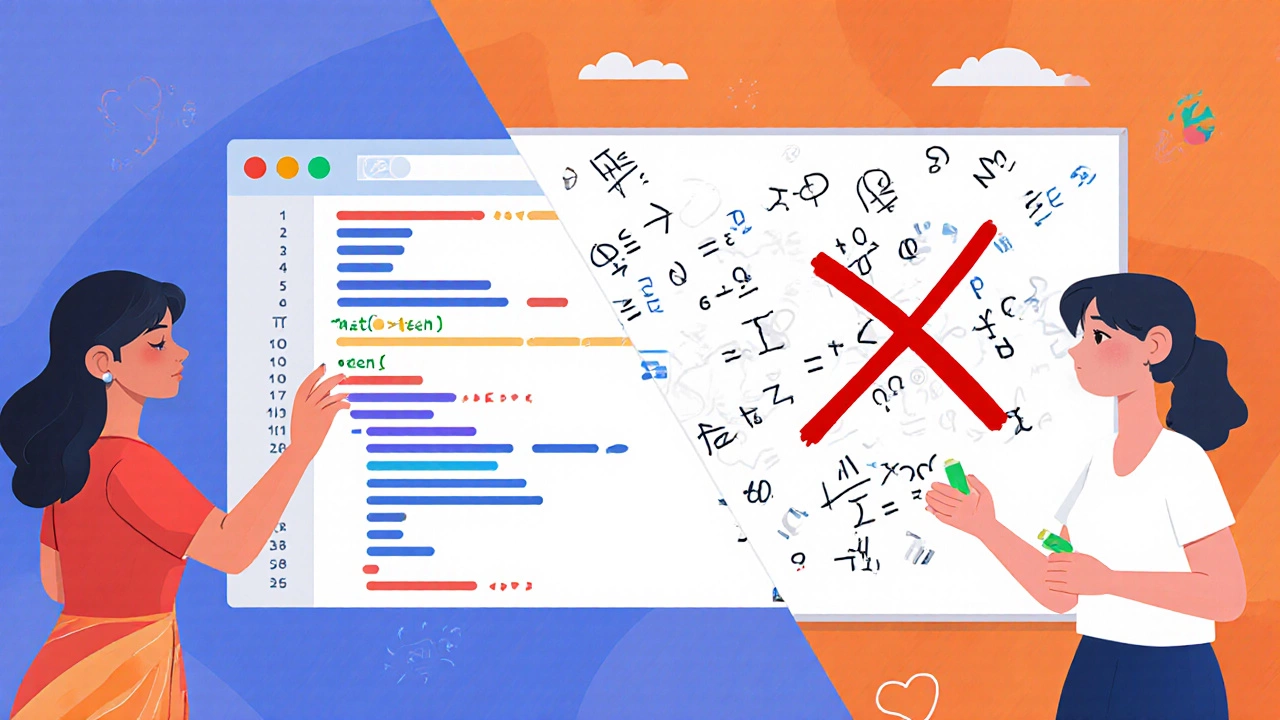 Split-screen showing simple code on one side and crossed-out math equations on the other.