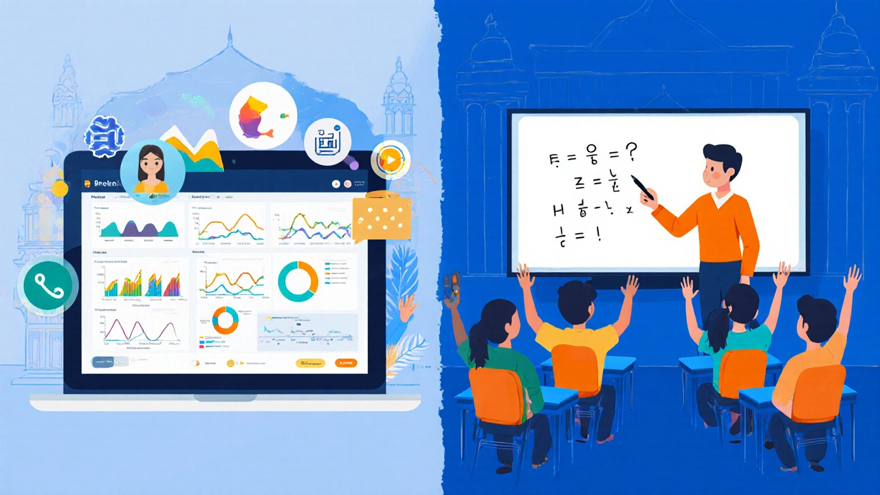 Split-screen view of AI analytics on a tablet and a live class on a monitor.