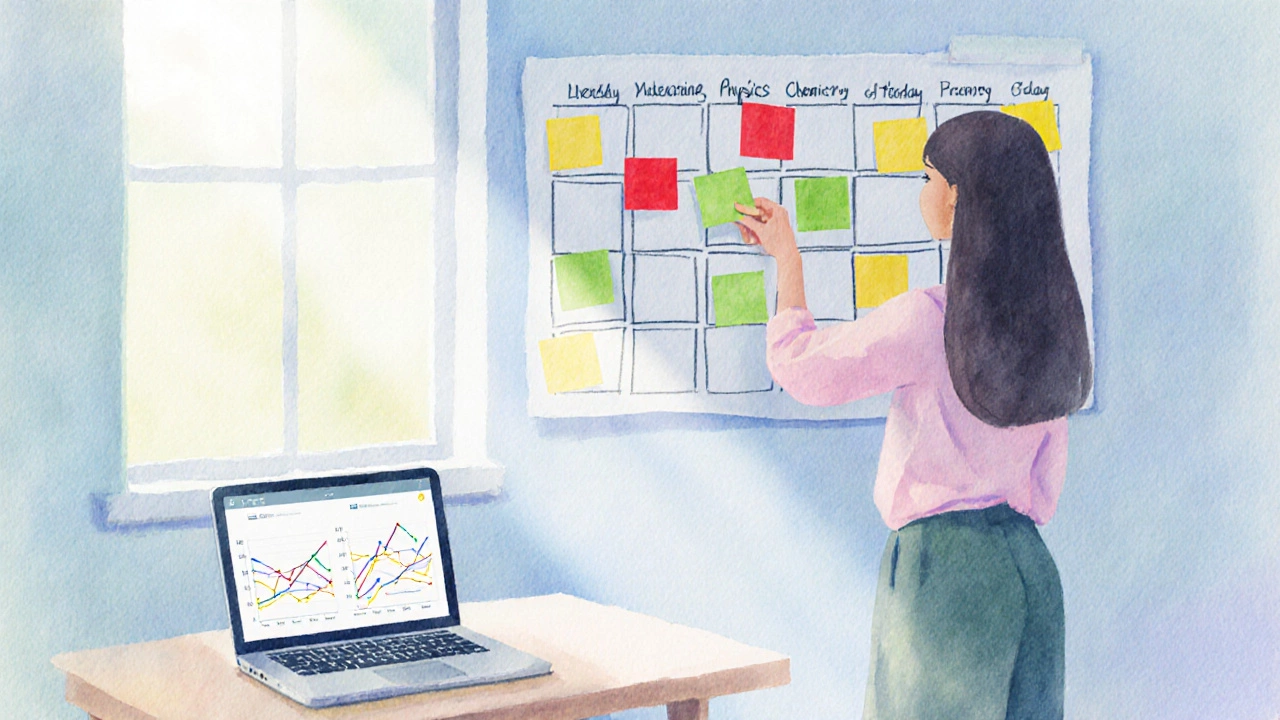 Student arranging color‑coded sticky notes on a planner beside a laptop with abstract graphs.