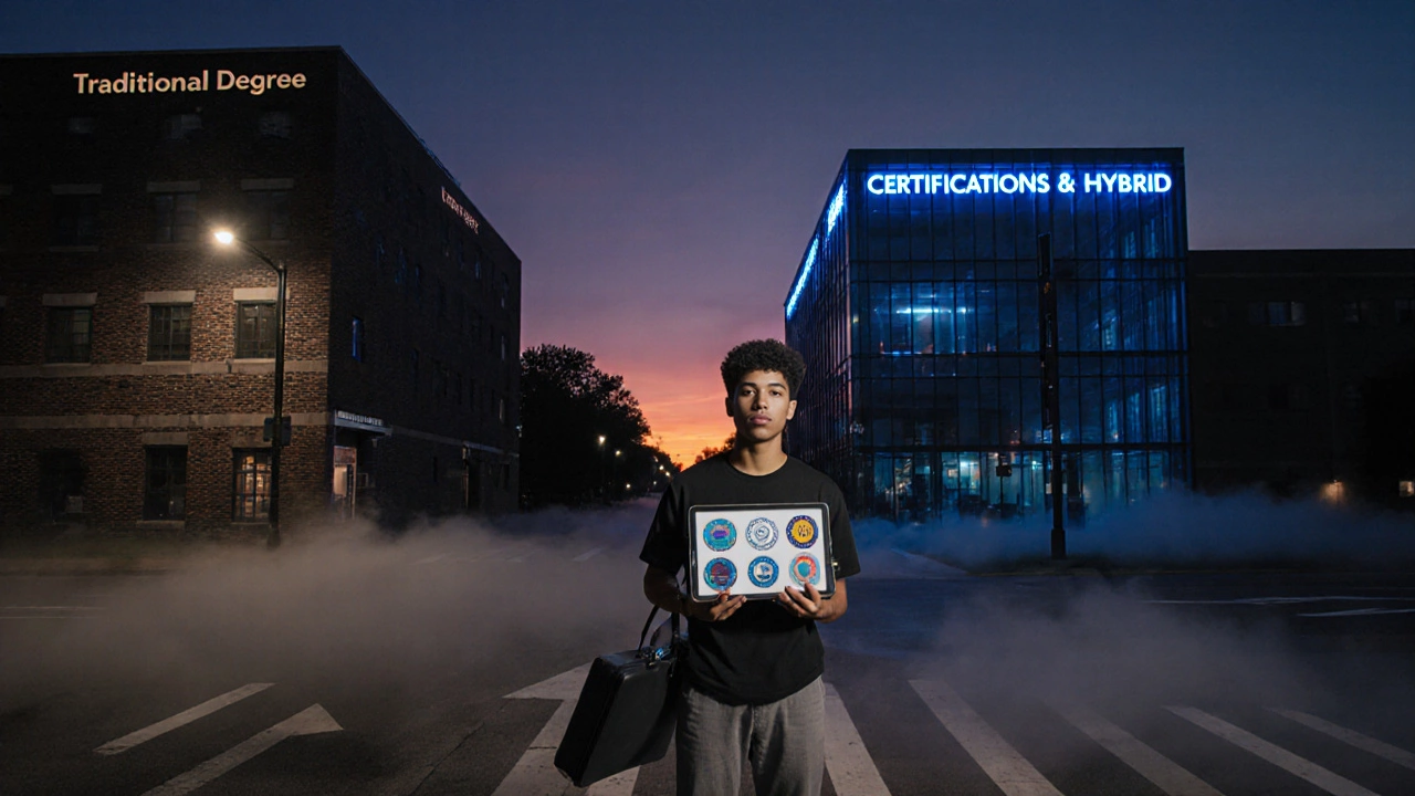 Student at a dusk crossroads choosing between a traditional degree building and a modern certification hub.