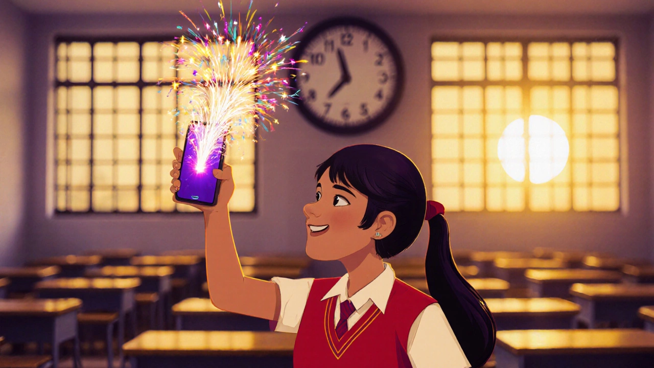 Student in exam hall holding phone with glowing celebratory effect.