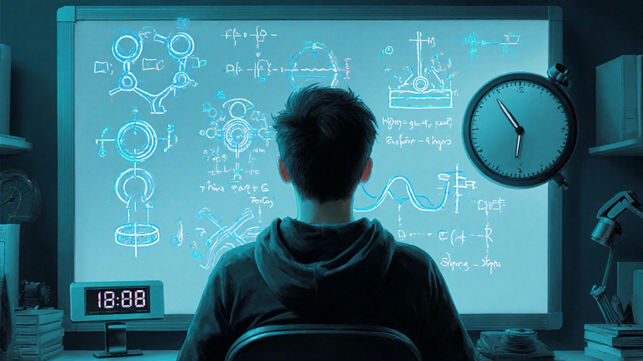 Student solving physics problems on a whiteboard with glowing diagrams and a timer.