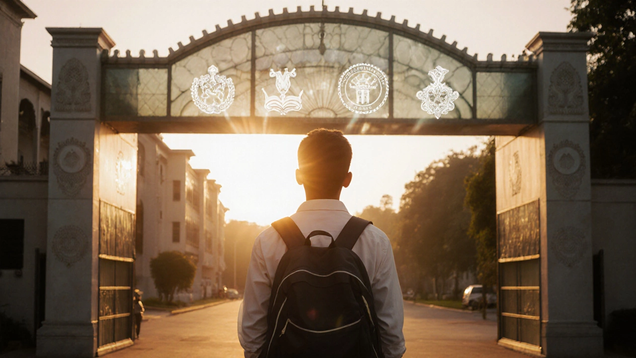 Student standing before school entrance at sunrise, with glowing board icons above.