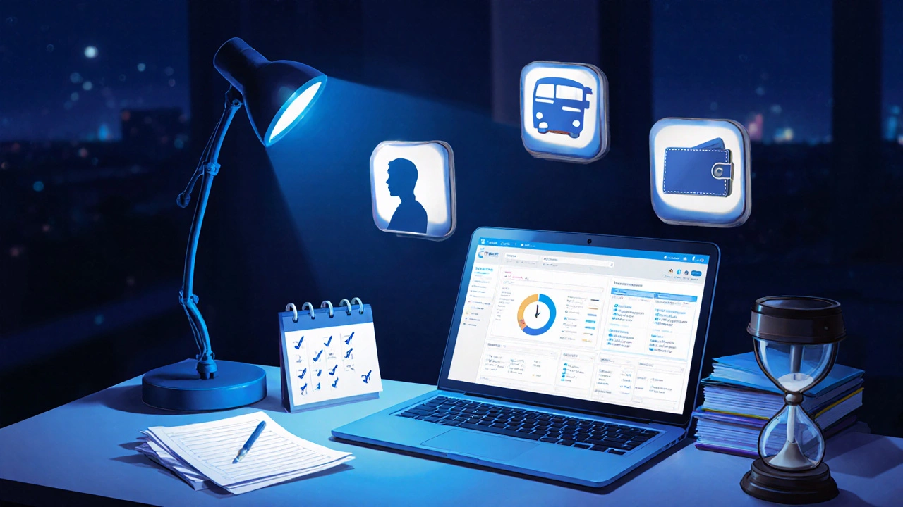 Study desk with laptop, notes, and floating icons representing a checklist.