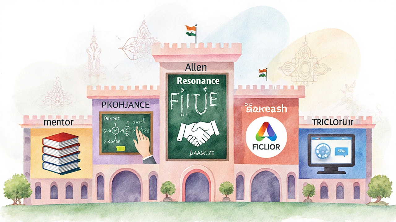 Watercolor illustration of five distinct NEET institute campuses.