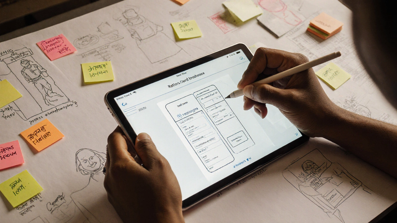 A designer creating a simple app interface for a ration card system in Hindi.