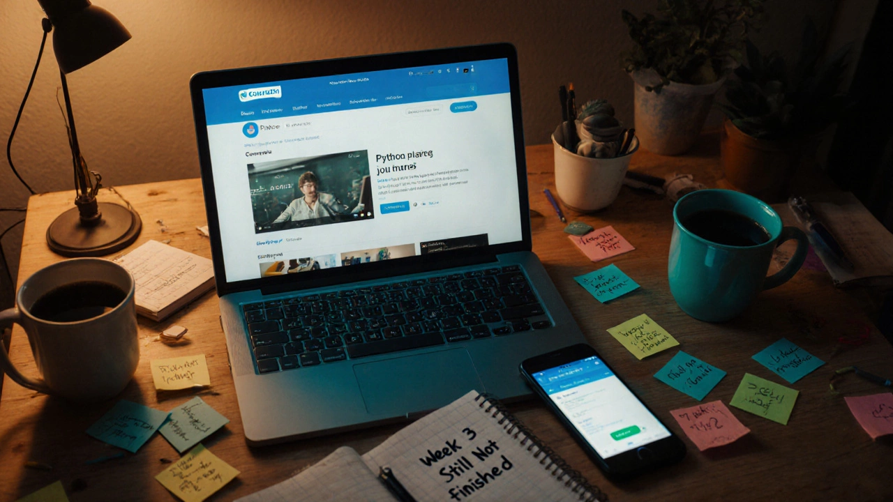 A person struggling to complete a MOOC course with unmet deadlines and fading motivation.