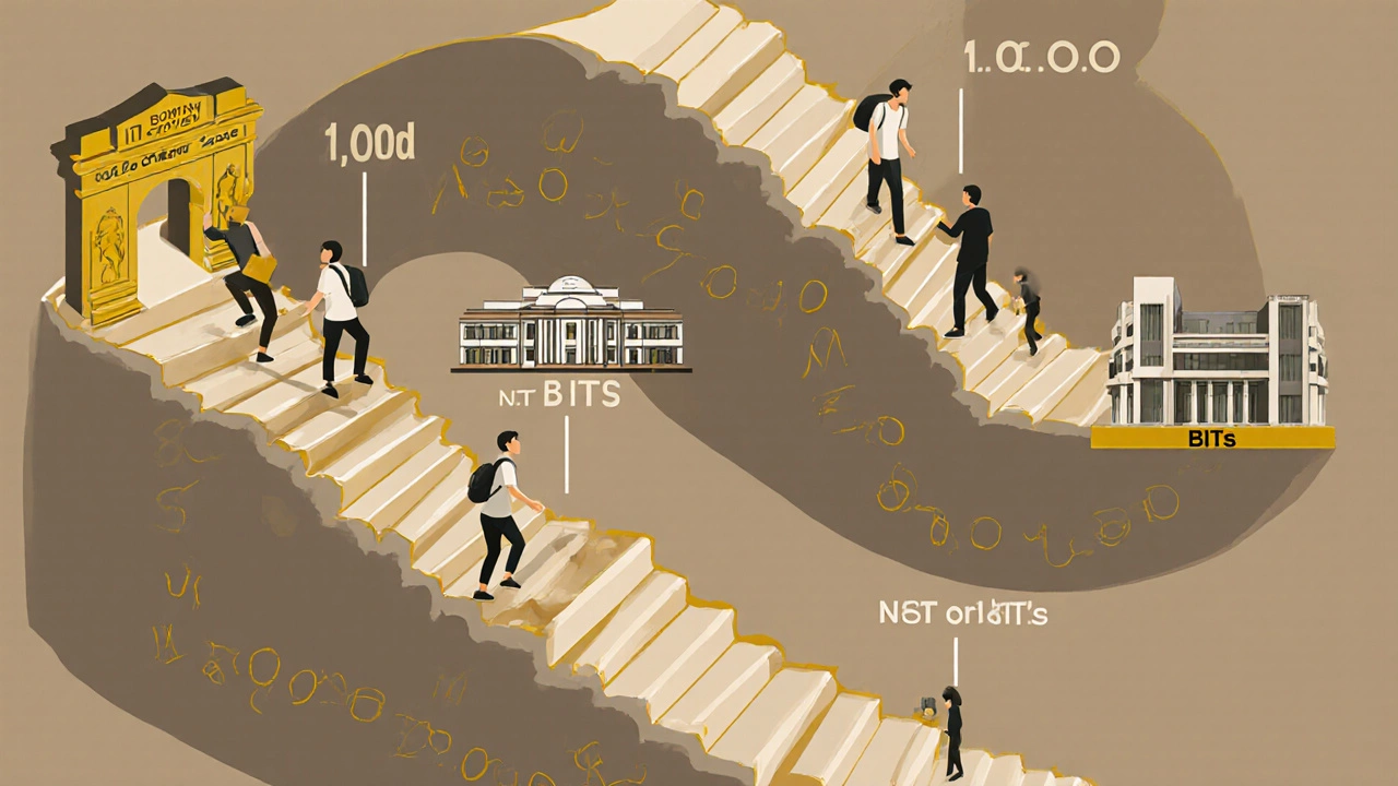 A symbolic staircase of ranks leading to different institutions, with golden gates for top IITs and paths to other colleges below.