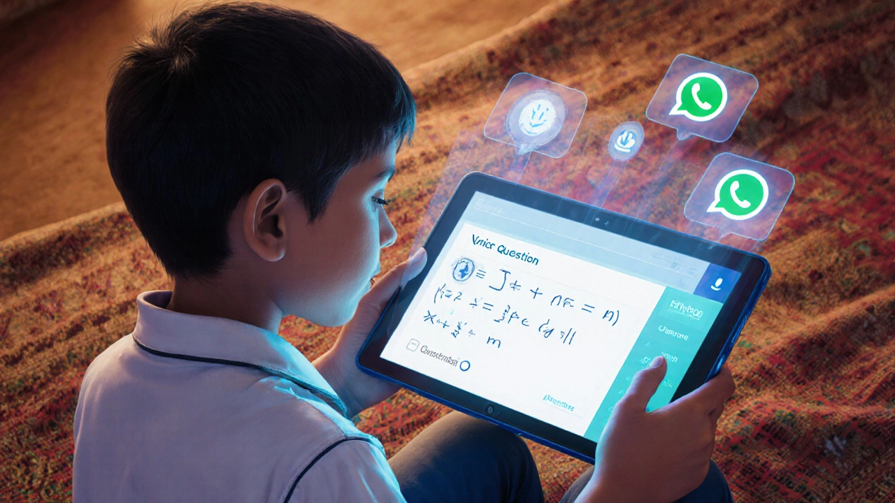 Child using voice command to learn math from a tablet with holographic help and WhatsApp notifications.