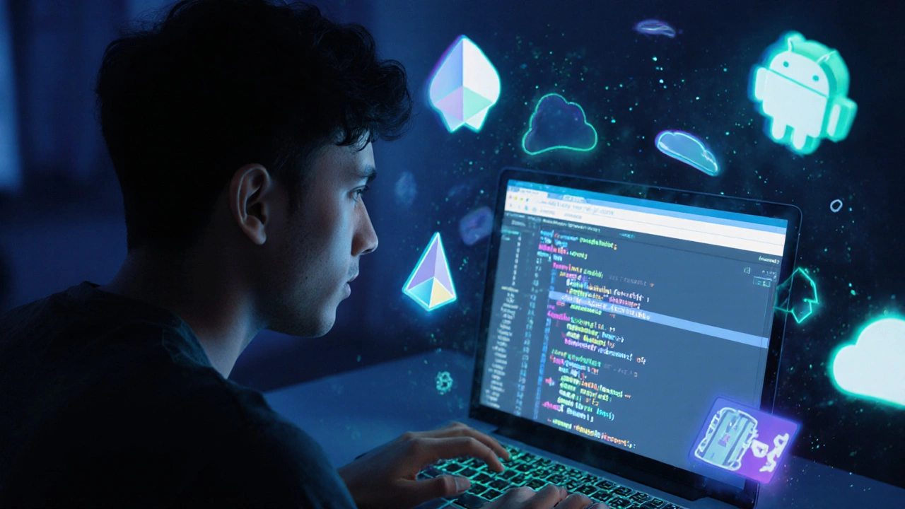 Developer in Bangalore coding in a Google Codelab with Firebase and TensorFlow interfaces on screen.