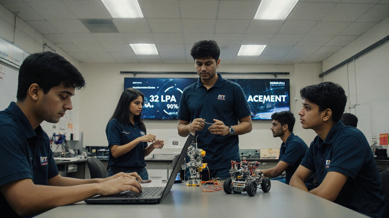 Diverse engineering students working in a lab at an IIT campus, with placement statistics displayed on screens behind them.