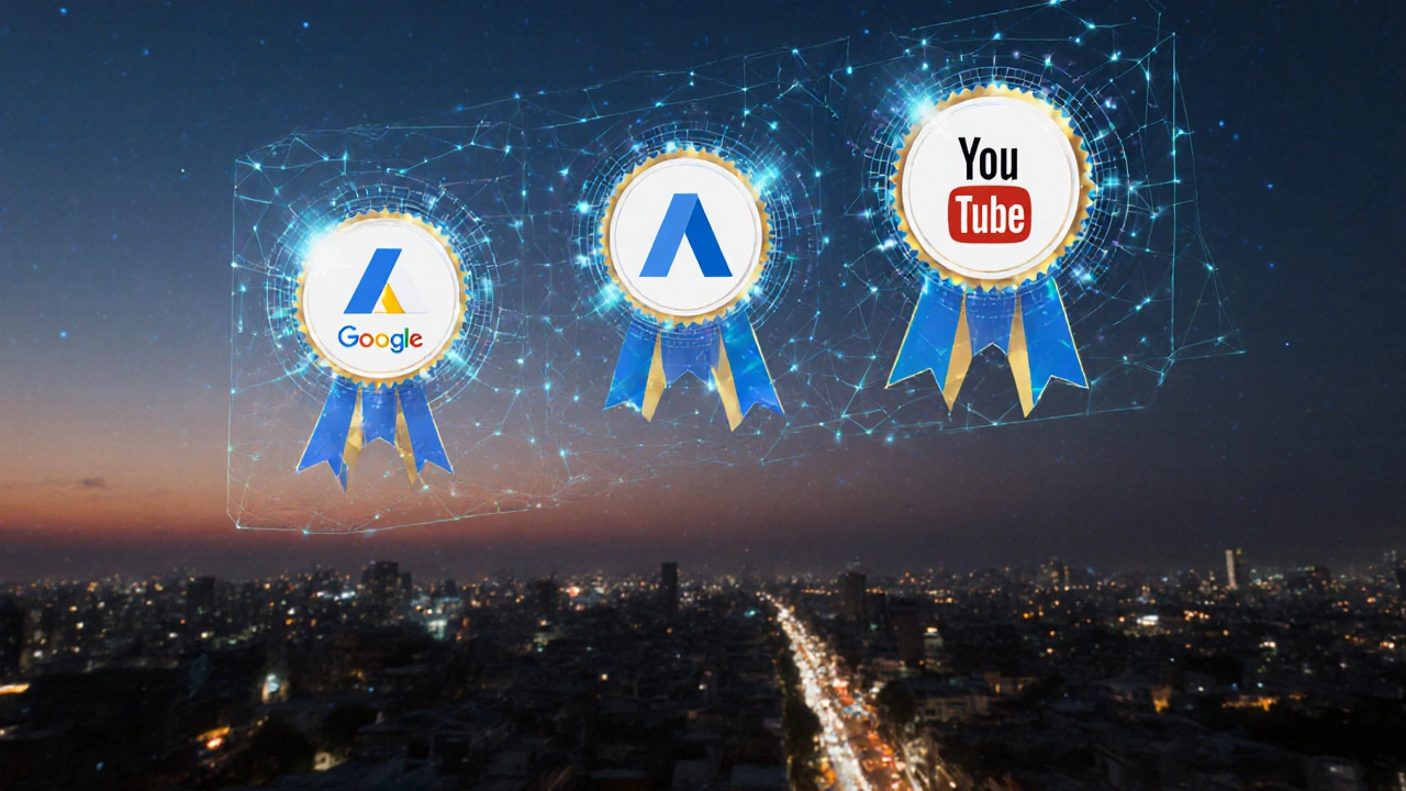 Google Skillshop certifications glowing above an Indian city skyline at dusk with digital badges in neon tones.