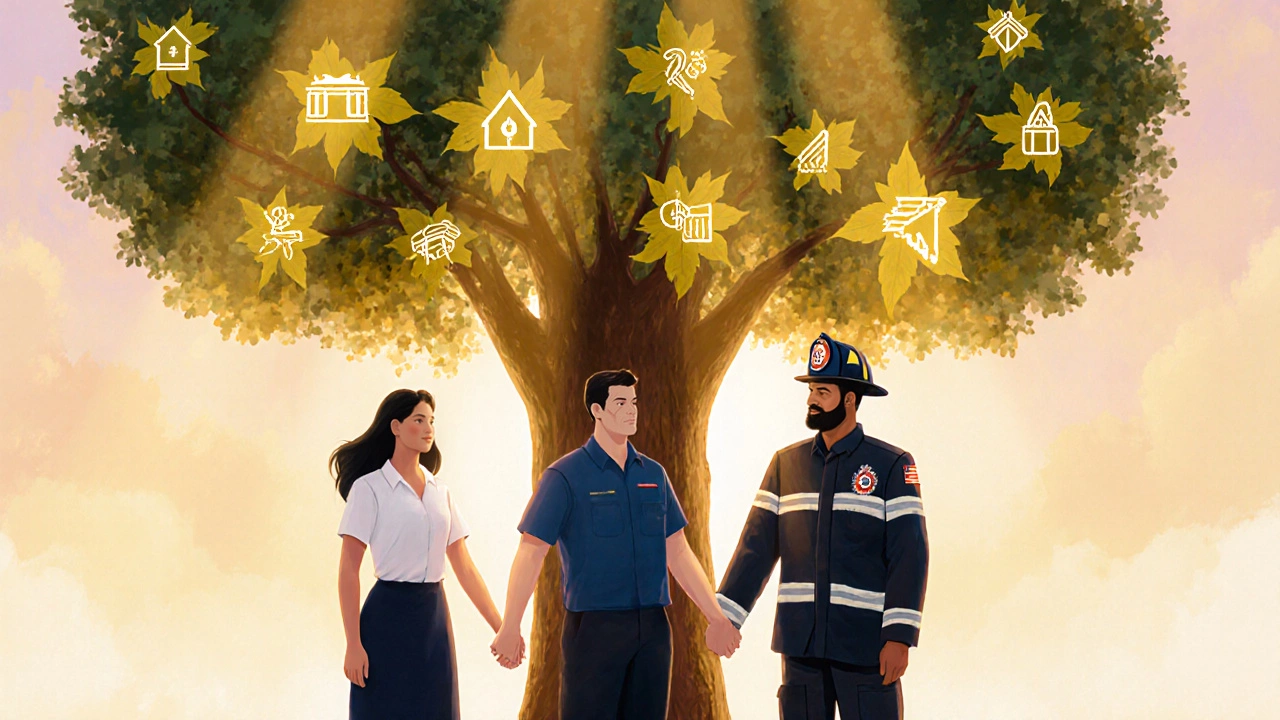 Government workers from different roles united under a symbol of secure, lifelong retirement.