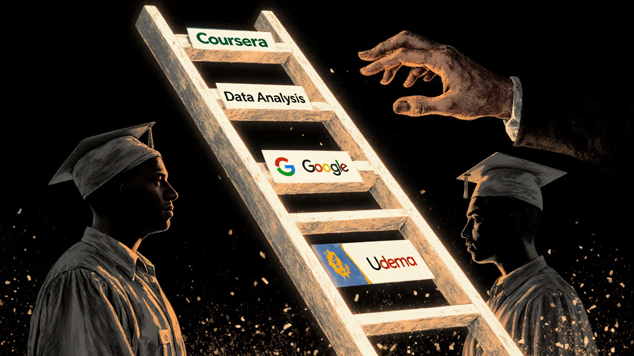 Hand reaching up a ladder of professional certificates as outdated degrees fade away