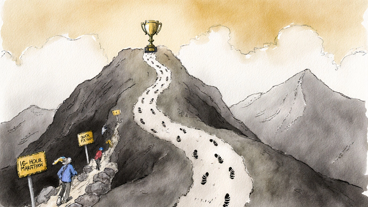 Mountain path at dawn with steady footprints leading to an unnoticed trophy.