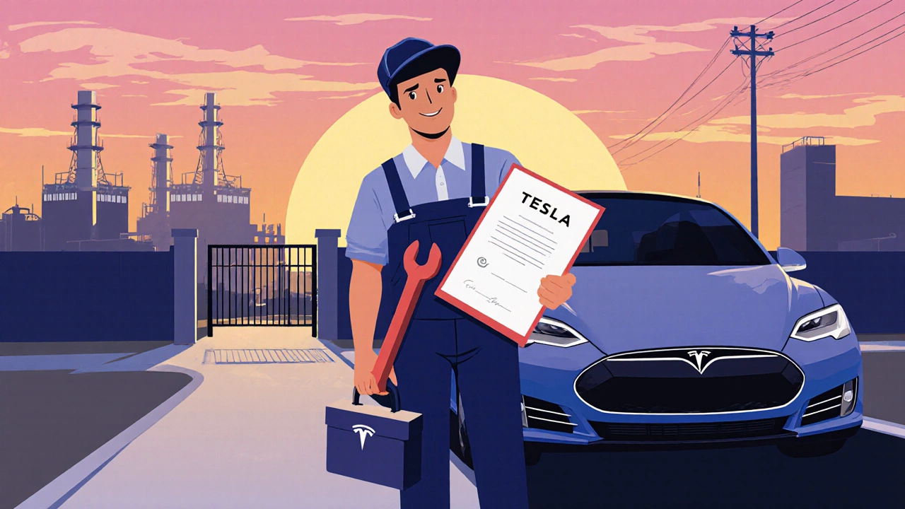 Person holding a certificate and toolbox, standing before a Tesla car at sunrise.