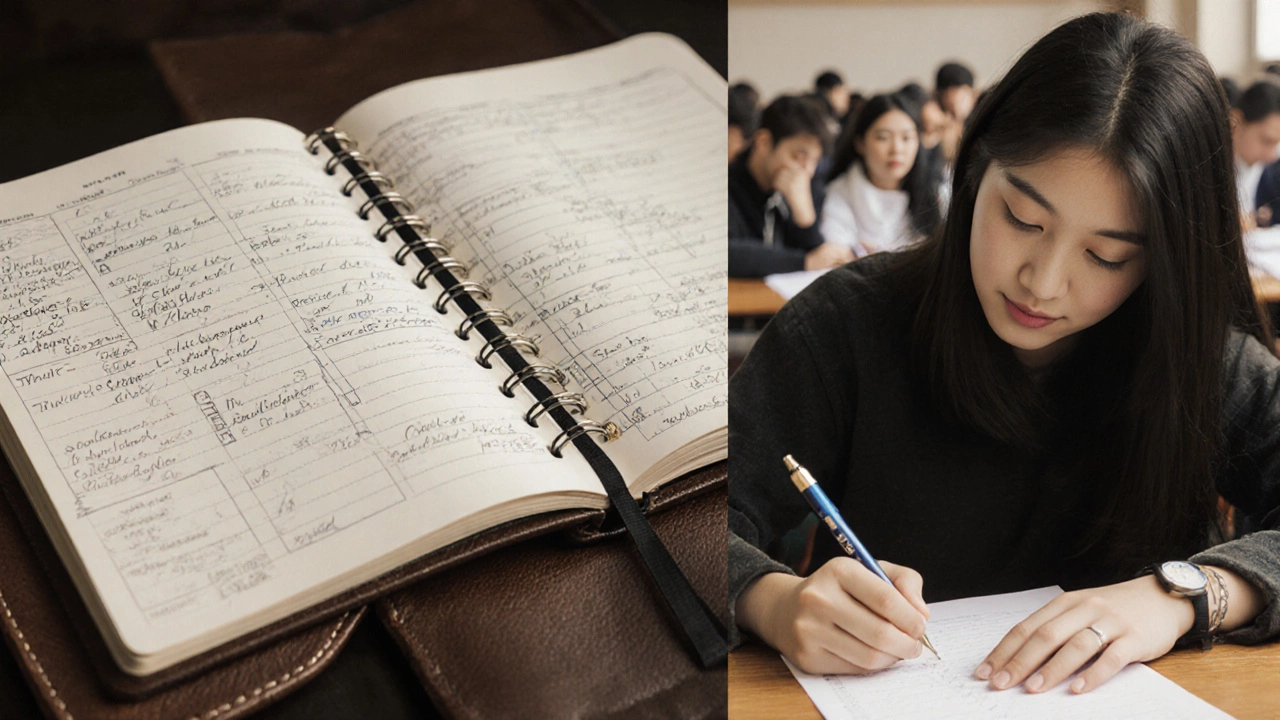 Split image of a student logging study progress and taking an exam with calm focus.